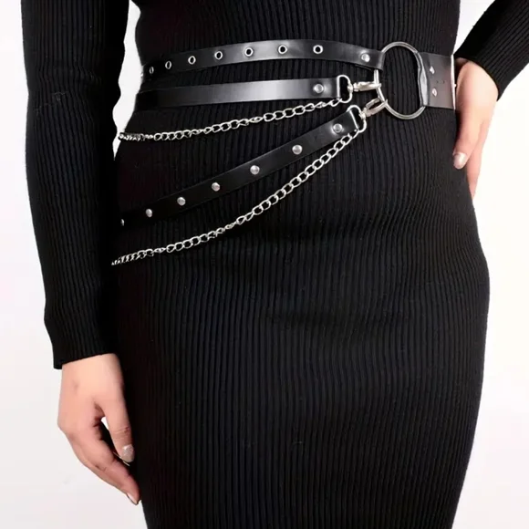 Plus Size☆ Edgy Punk Goth Black Multi-layer Chain And Stud Vegan Leather Belt - Picture 4 of 16